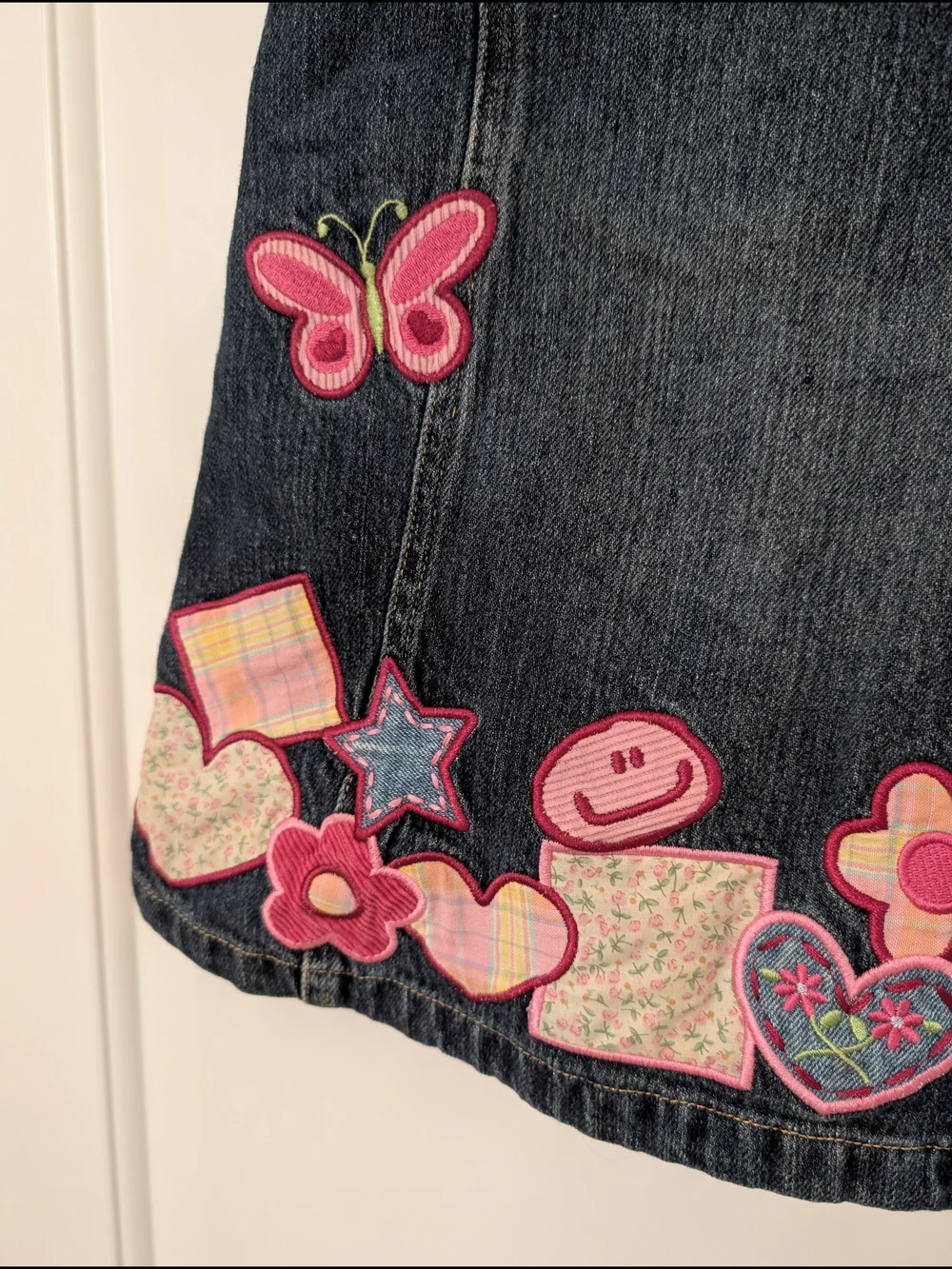 Vintage Y2K Children’s Place Denim Patchwork Jumper Dress 24M Butterfly